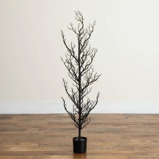 4ft. Pre-Lit Artificial Halloween Black Spooky Twig Tree with 160 Orange & Purple Copper Wire String LED Lights {7}