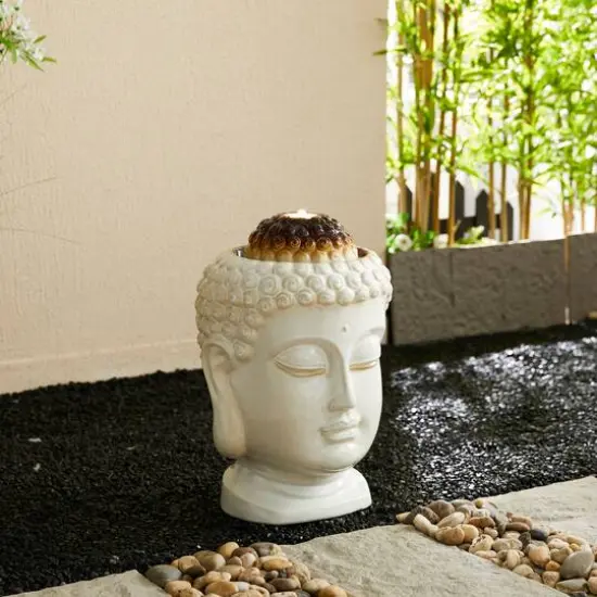 Glitzhome&reg; 18.75" Zen-Style LED Buddha Head Ceramic Outdoor Fountain {8}
