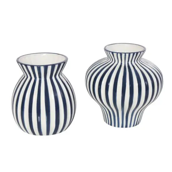 Blue Stripes Rounded Ceramic Vase Set {1}
