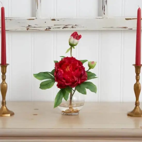 13.5" Red Peony Arrangement in Fluted Vase {3}