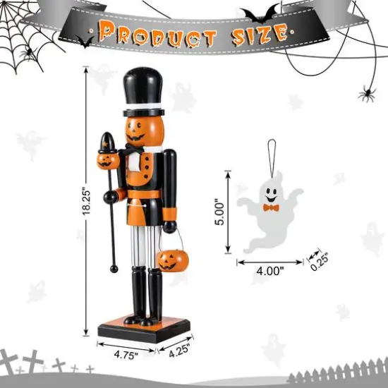 Glitzhome&reg; 18.5"H Halloween Wooden Pumpkin Nutcracker with Ghost Ornament {9}