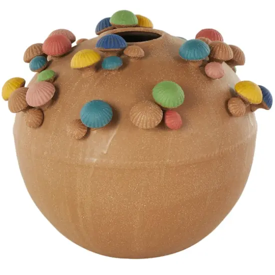 13" Brown Ceramic Round Wide Decorative Vase with Multicolor Mushroom Accents {1}