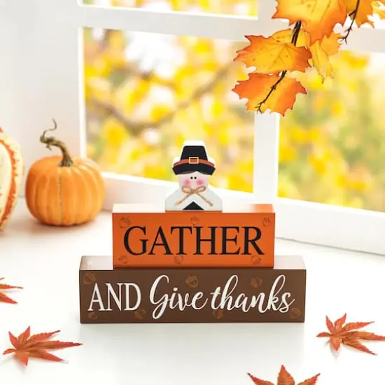 Glitzhome&reg; 9.5" Thanksgiving Wooden Pilgrim Table Block Sign {3}