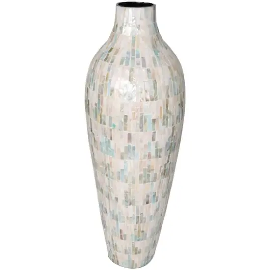 28" White Mother of Pearl Handmade Mosaic Inspired Vase with Pastel Blue & Pink Accents {1}
