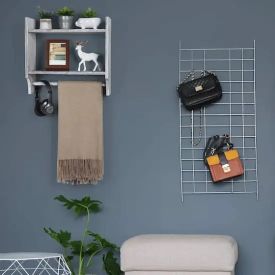 2-Tier Wood Wall Mounted Bathroom Shelf with Towel Rack Rustic Gray {10}