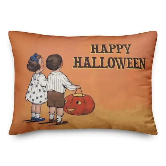 Vintage Halloween Trick or Treating Kids Throw Pillow {1}