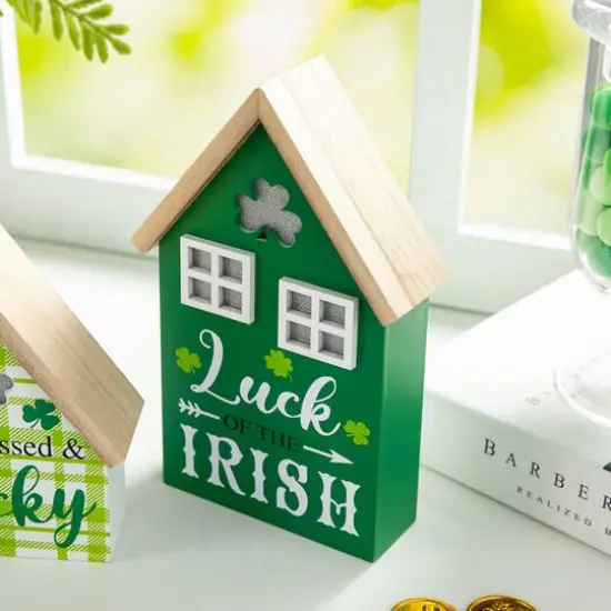 Glitzhome&reg; Lighted St. Patrick's Wooden House Table D&eacute;cor Set {6}