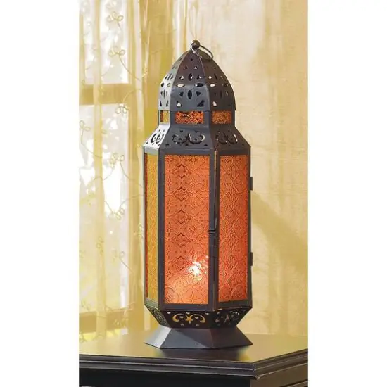 19" Brown Moroccan-Style Etched Glass Candle Lantern {3}
