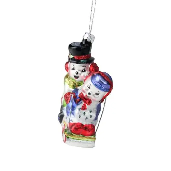 4.5" White & Red Cheerful Sledding Snowmen Couple Glass Christmas Ornament {6}