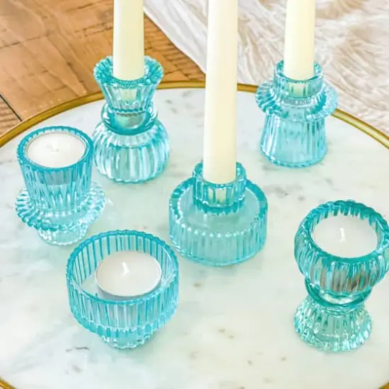 Kate Aspen&reg; Assorted Vintage Ribbed Blue Glass Candlestick Candle Holder Set {1}