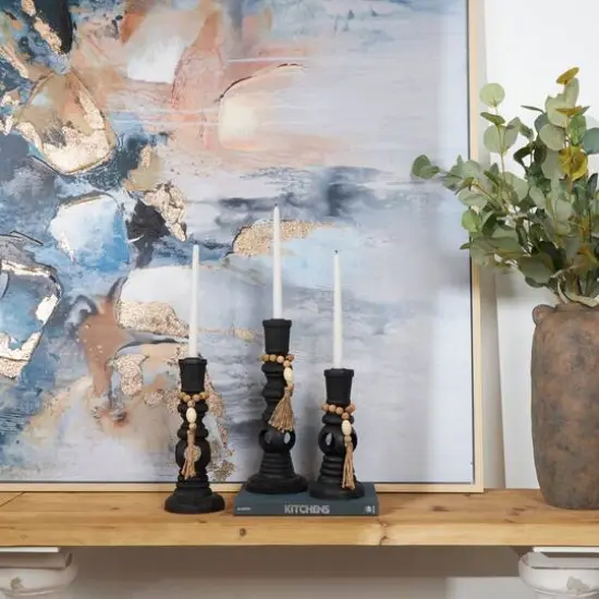 Black Wood Handmade Textured Matte Candle Holder with Beaded Garland Set {9}
