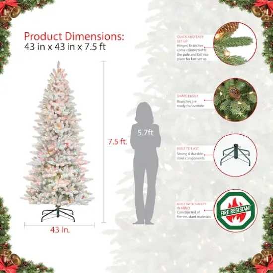 7.5ft Pre-Lit White Slim Fraser Fir Flocked Artificial Christmas Tree, Multicolor Lights {6}