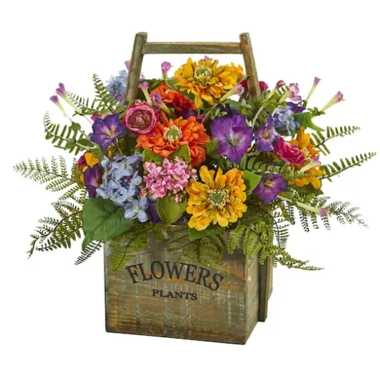 15" Mixed Floral Arrangement in Wood Basket {1}