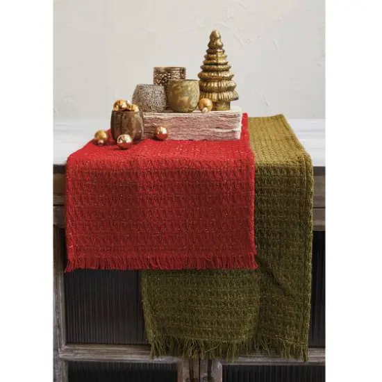 Hello Honey&reg; 108" Green Woven Cotton Table Runner with Metallic Gold Thread & Fringe {3}