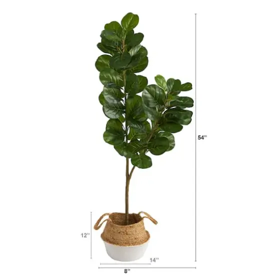 4.5ft. Fiddle Leaf Fig Artificial Tree with Boho Chic Handmade Cotton & Jute White Woven Planter {3}