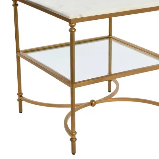 Hello Honey® 25" Libertine Genuine Marble and Metal End Table with Glass Storage Shelf Gold Finish {7}