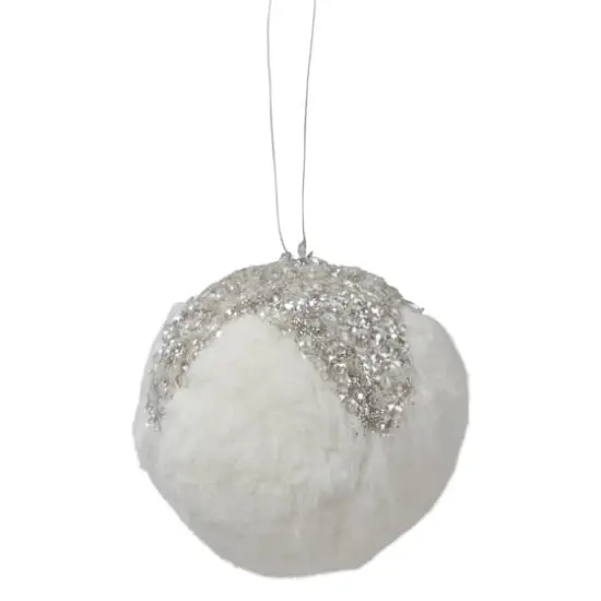 4.25" White And Silver Faux Fur Ball Ornament {3}