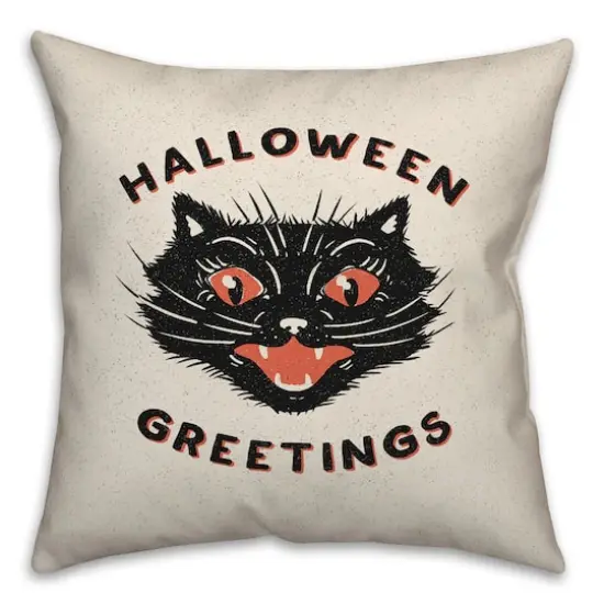 Retro Black Cat Halloween Greetings Throw Pillow {1}