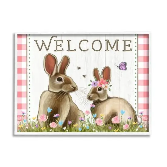 Stupell Industries Welcome Plaid Spring Garden Rabbits Framed Giclee Art White {1}