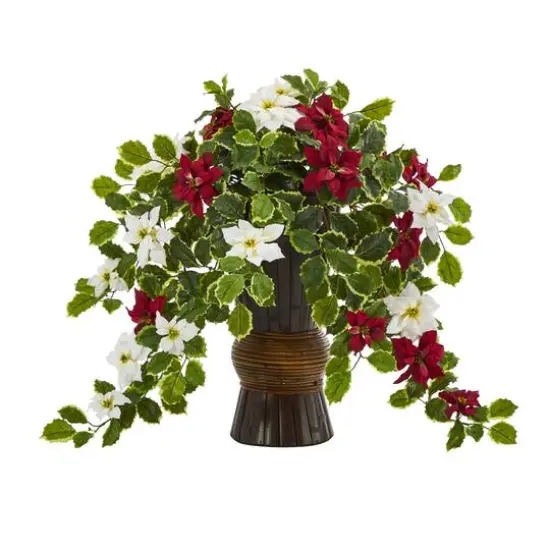 22.5&rdquo; Poinsettia & Holly Artificial Plant in Decorative Planter {1}