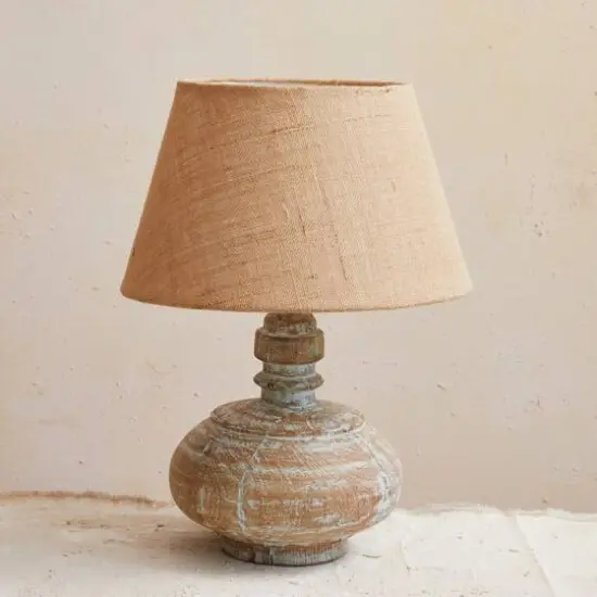 Hello Honey® 18" Whitewashed Reclaimed Wood Pot Table Lamp with Cotton Shade {3}