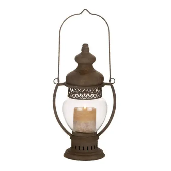 14" Brown Iron Rustic Candle Holder Lantern {1}