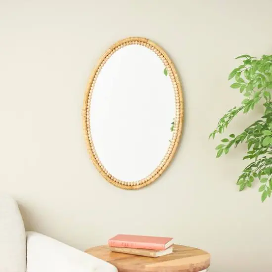28" Brown Bamboo Wrapped Oval Wall Mirror with Beaded Frame Décor {3}