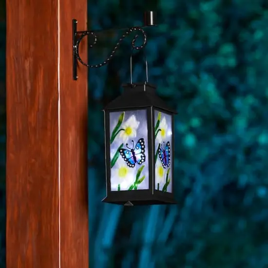 Glitzhome&reg; 11" Glass with Butterfly & Flower Pattern Solar Powered Hanging Lantern {6}