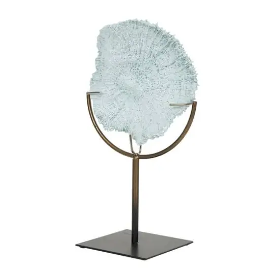 12" Light Blue Polystone Coral Textured Sculpture with Bronze Stand {6}