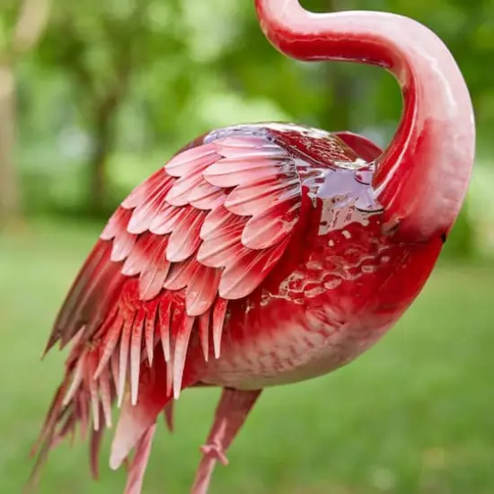 Glitzhome&reg; 35.25" Metal Standing Flamingo Garden Statue with Stakes {9}