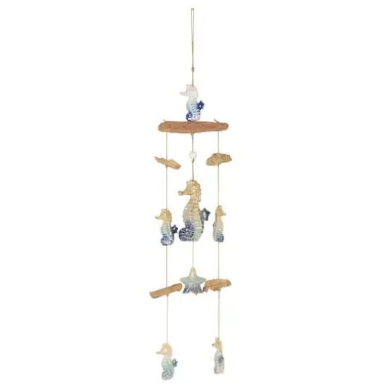 41" Blue Ombre Ceramic Starfish & Seahorse Windchime with Driftwood Accents {1}