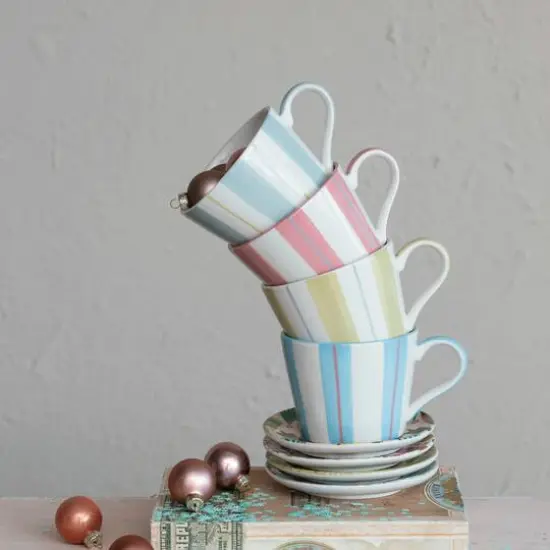 Hello Honey&reg; 12oz. Multicolor Stripes Hand-Painted Stoneware Mug Set {3}