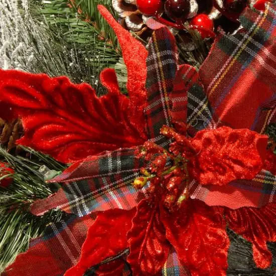 9' X 12" Pre-lit Decorative Collection Tartan Plaid Artificial Christmas Garland with Cones, Red Berries, Poinsettias and Soft White LED {4}