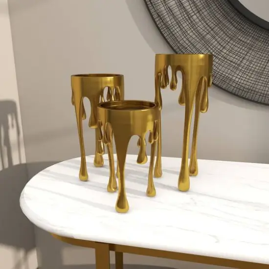 CosmoLiving by Cosmopolitan Gold Aluminum Pillar Candle Holder with Dripping Melting Designed Legs Set {11}