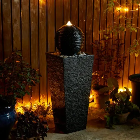 Glitzhome&reg; Modern LED Black Geometric Pedestal & Sphere Outdoor Floor Fountain {5}