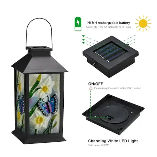 Glitzhome&reg; 11" Glass with Butterfly & Flower Pattern Solar Powered Hanging Lantern {8}