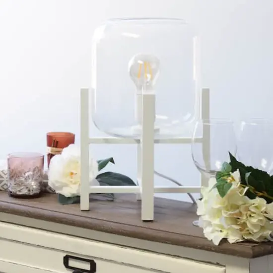 Simple Designs&trade; 13.5" White Wood Mounted Table Lamp with Clear Glass Cylinder Shade {5}