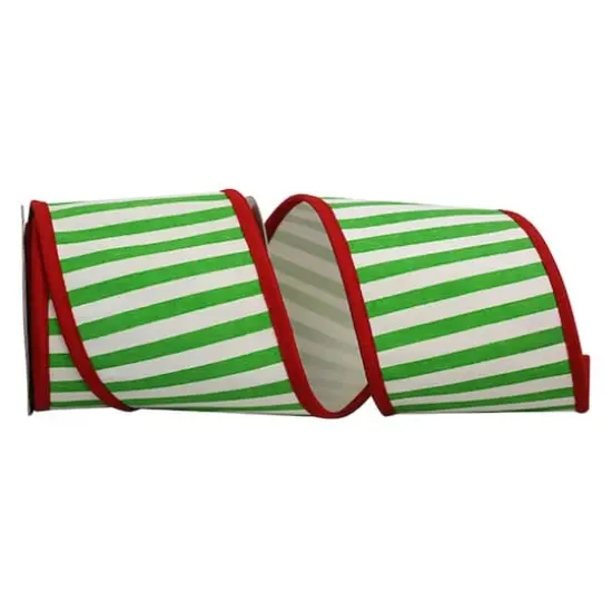 Reliant 4" x 5yd. Green & White Railroad Stripes Deluxe Folded Wired Ribbon {1}