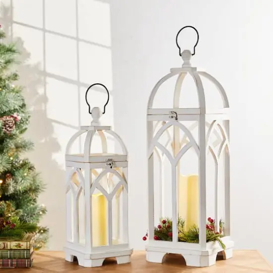 Glitzhome&reg; Wash White Farmhouse Wooden Church Window Frame Lanterns, 2ct. {4}