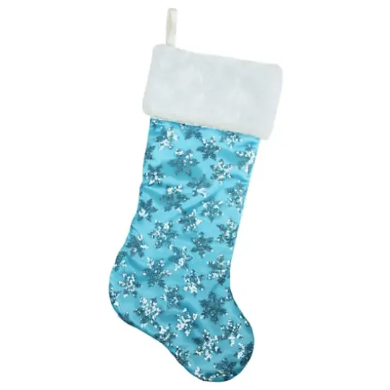20.5" Sequin Snowflake Stocking with White Faux Fur Cuff, Blue {3}