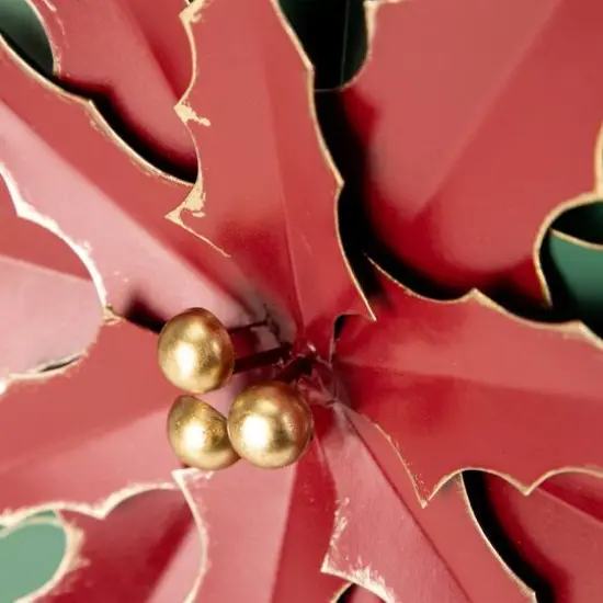 16.25" Large Red and Green Metal Poinsettia Christmas Wall Hanging {9}