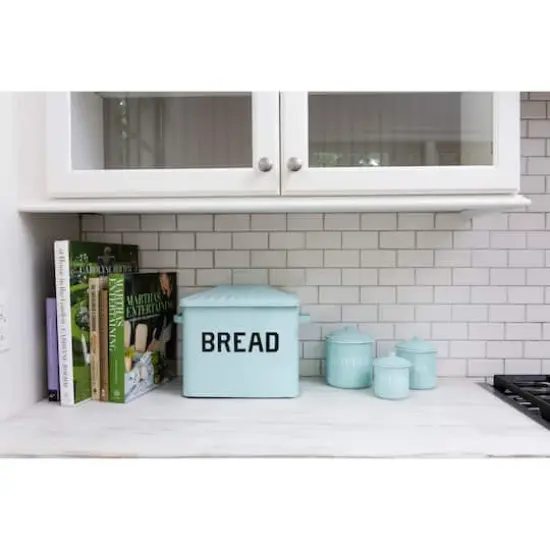 Hello Honey&reg; Enameled Metal Distressed "BREAD" Box with Lid Light Blue {8}