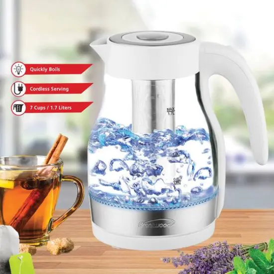 Brentwood 1.79qt. White Cordless Glass Electric Kettle with Tea Infuser and Swivel Base {4}