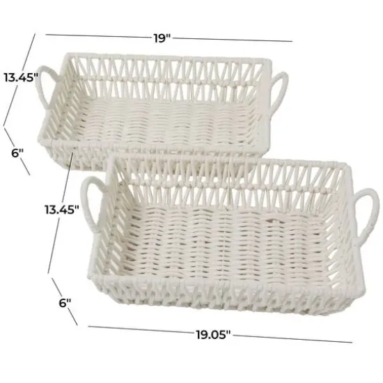 White Cotton Handmade Woven Storage Basket with Handles Set of 2 19", 18" {7}