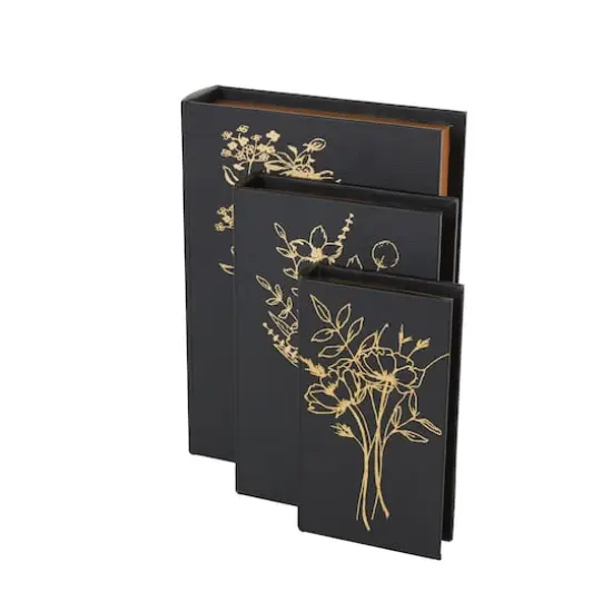 Black & Gold Faux Leather Floral Faux Book Storage Decorative Box Set {5}