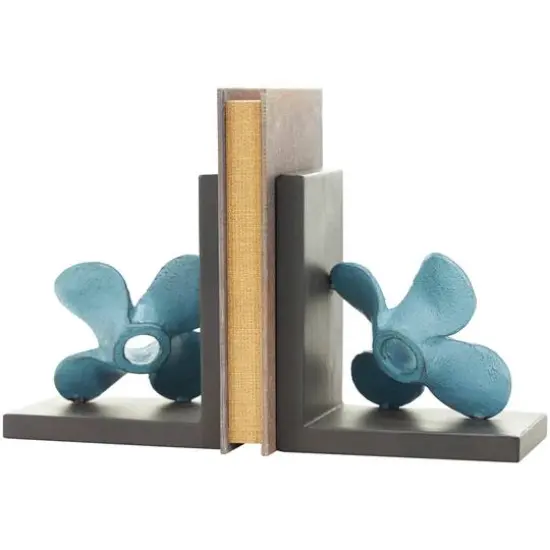 6.5" Teal Metal Boat Distressed Propeller Bookends with Brown L-Shaped Stands {9}