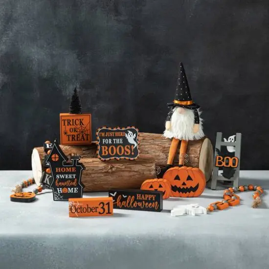 Glitzhome&reg; Halloween Wood Word Signs & Fabric Gnome D&eacute;cor Set {4}