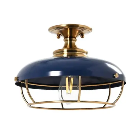 Hello Honey&reg; 13" Wide Caged Dome Metal Semi-Flush Mount Ceiling Light Brushed Brass and Navy Blue {3}