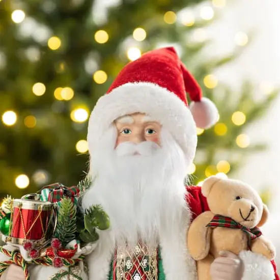 Glitzhome® 18"H Faux Fur Christmas Traditional Santa Figurine with Porcelain Face {4}