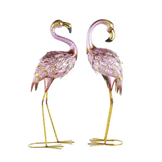 25" Pink & Gold Metal Flamingo Garden Sculpture Set with Dimensional Feathers {1}